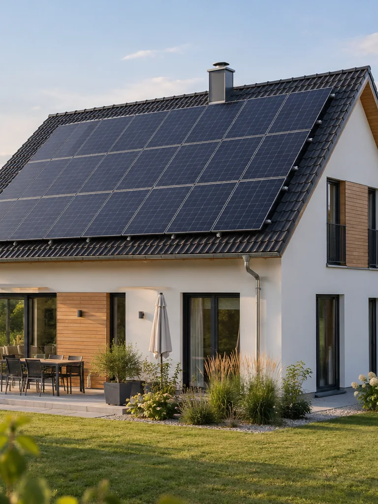 Illustratives Motiv: modernes Wohnhaus mit auf einer Ziegeldachfläche montierten Photovoltaikmodulen