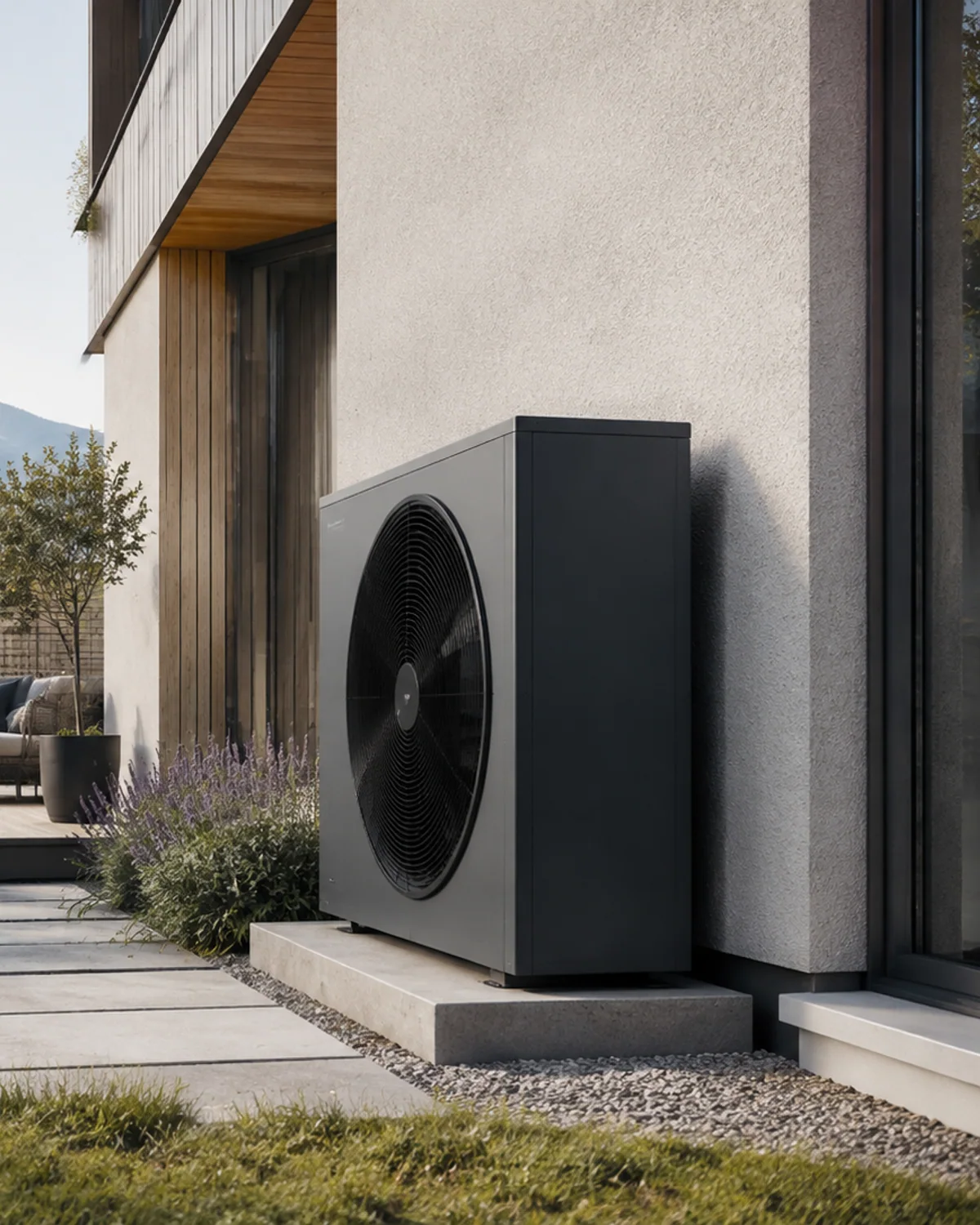 Dezent in die Architektur eines Wohnhauses integrierte Wärmepumpe