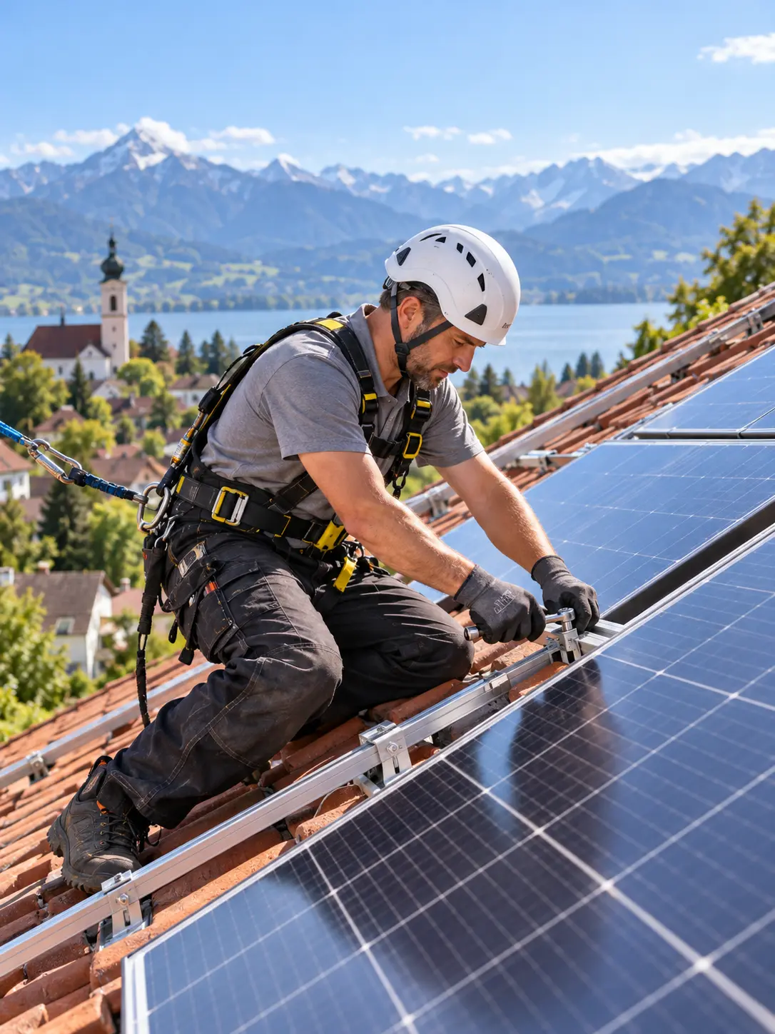 Symbolbild: Fachkraft montiert Photovoltaikmodule auf einem Dach