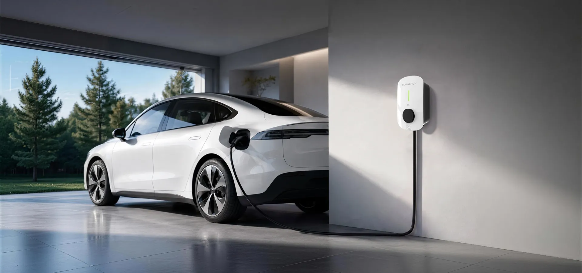 Sigenergy Sigen EV AC Charger an einer Garagenwand neben einem ladenden Elektroauto