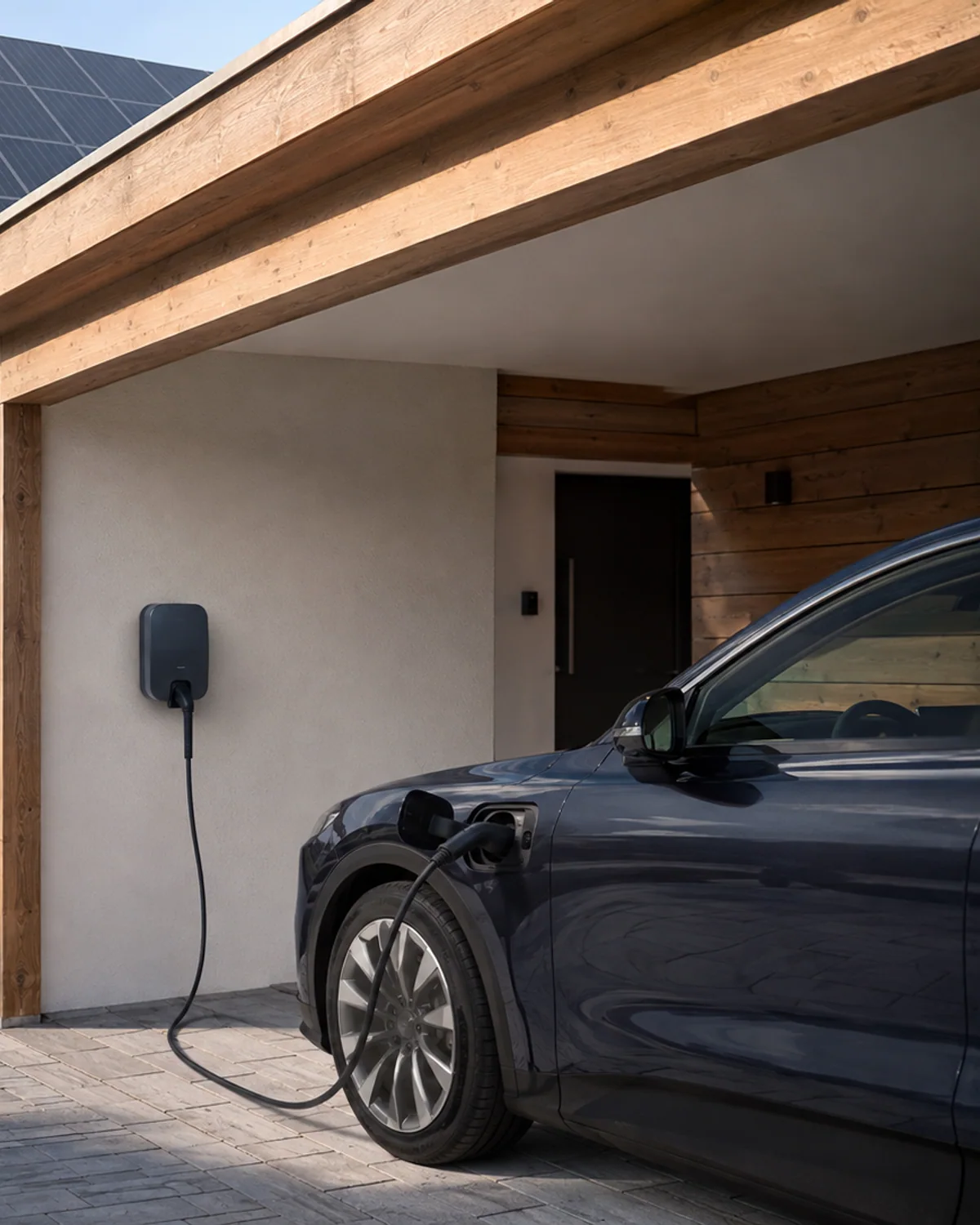 Elektroauto lädt an einer Wallbox unter dem Carport eines Hauses mit Photovoltaik